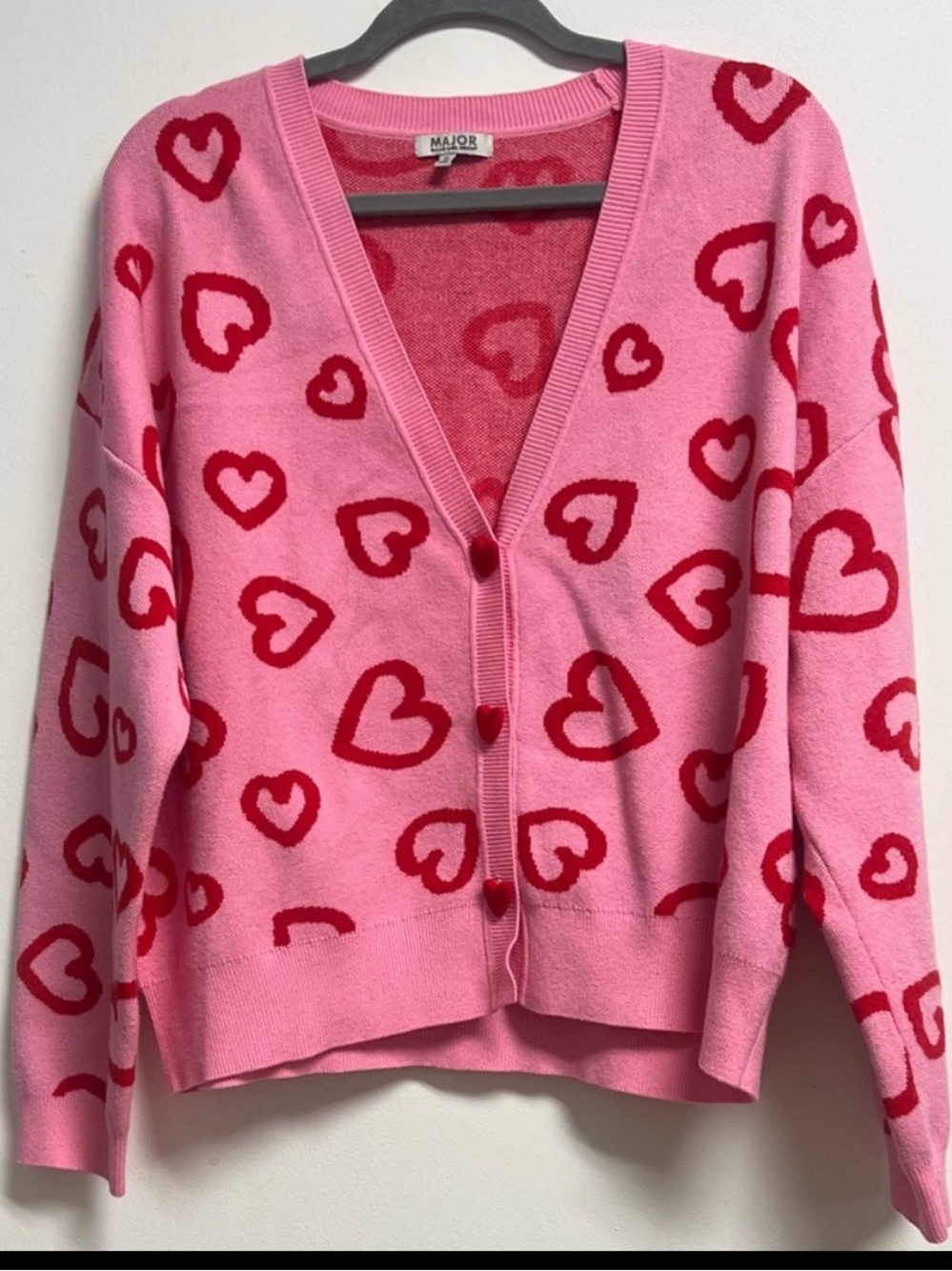 Hot Pink Red Heart Patterned Cardigan Sweater Velvet Heart Buttons Valentines XL